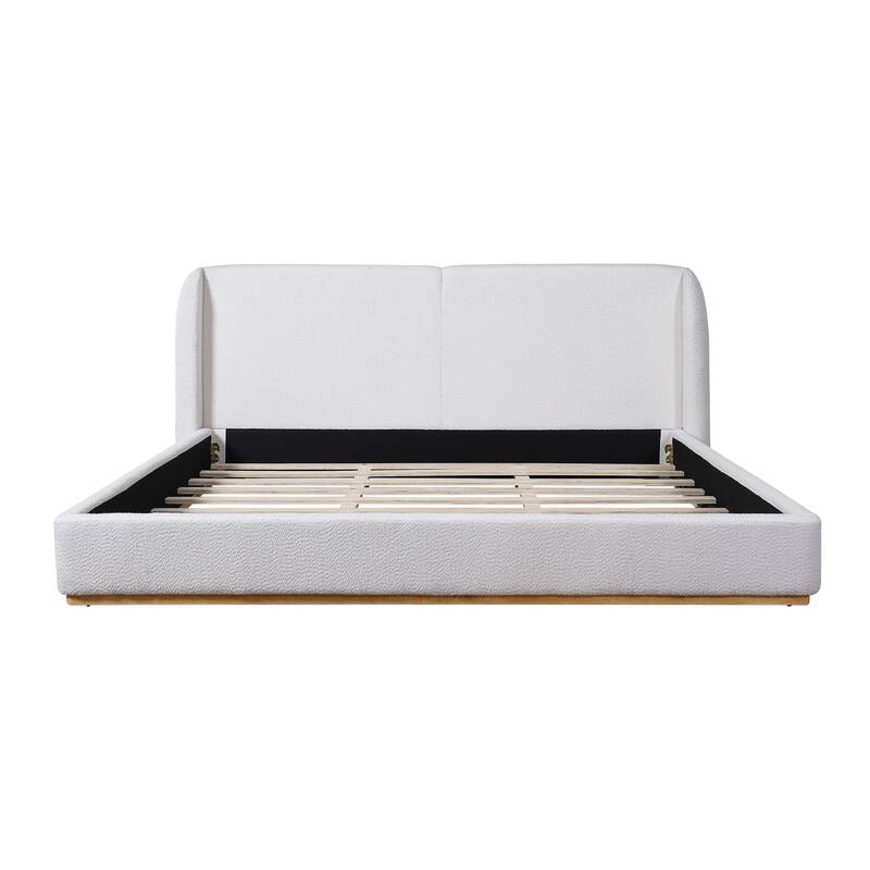 King Size Bed Frame with Upholstered Wingback Headboard, Solid Wood Base, White