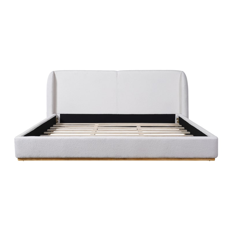 White Low Profile Platform Bed Ground Bed Boucle Frame with Upholstered Wingback Headboard