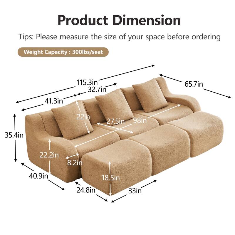 Anmytek Modern Plush 3-Seat Chaise Sofa - High-Quality Teddy Fabric, 32D High Density Sponge, No Assembly