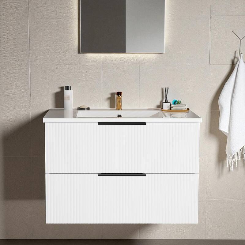 36 Inch Floating Bathroom Vanity with Ceramic Sink, Wall Mounted Fluted Cabinet with 2 Drawers, Modern MDF Design - Matte White