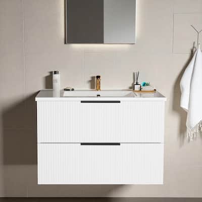 36 Inch Floating Bathroom Vanity with Ceramic Sink, Wall Mounted Fluted Cabinet with 2 Drawers, Modern MDF Design