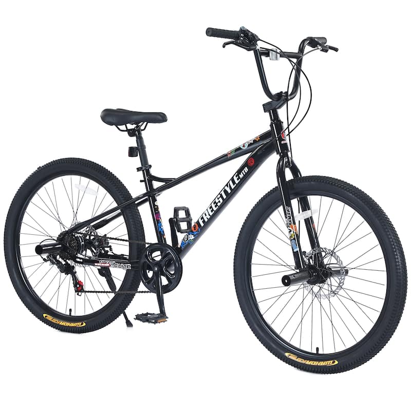 Freestyle Kids Mountain Bike, 26-inch, Shimano 7-Speed, Double Disc Brakes, Purple Bicycle for Boys & Girls 12+ Years - Black