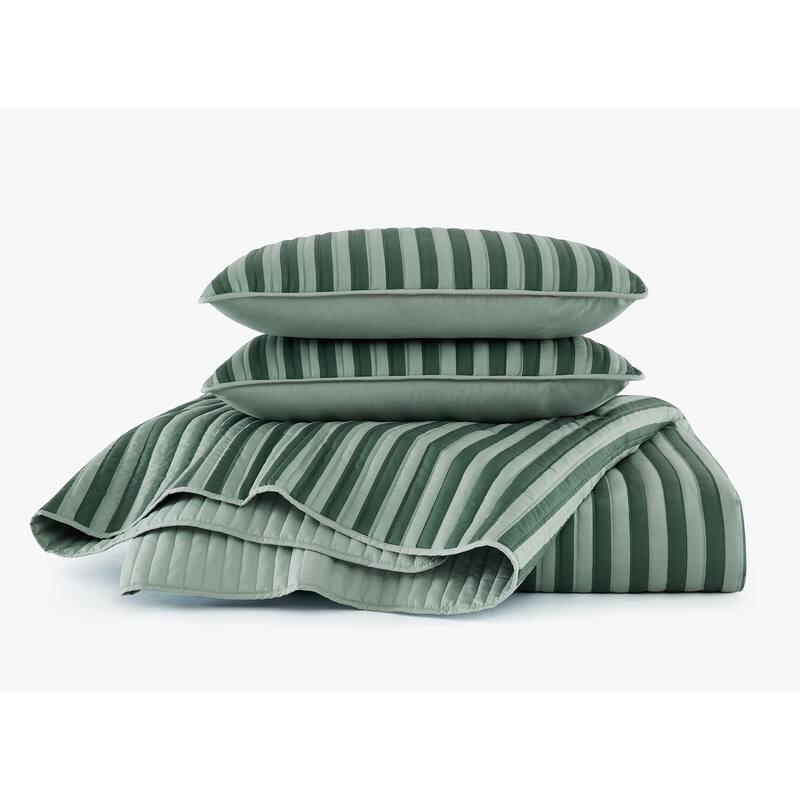 Truly Soft Weston Stripe Brown 3 Piece Quilt Set - Green - Full - Queen