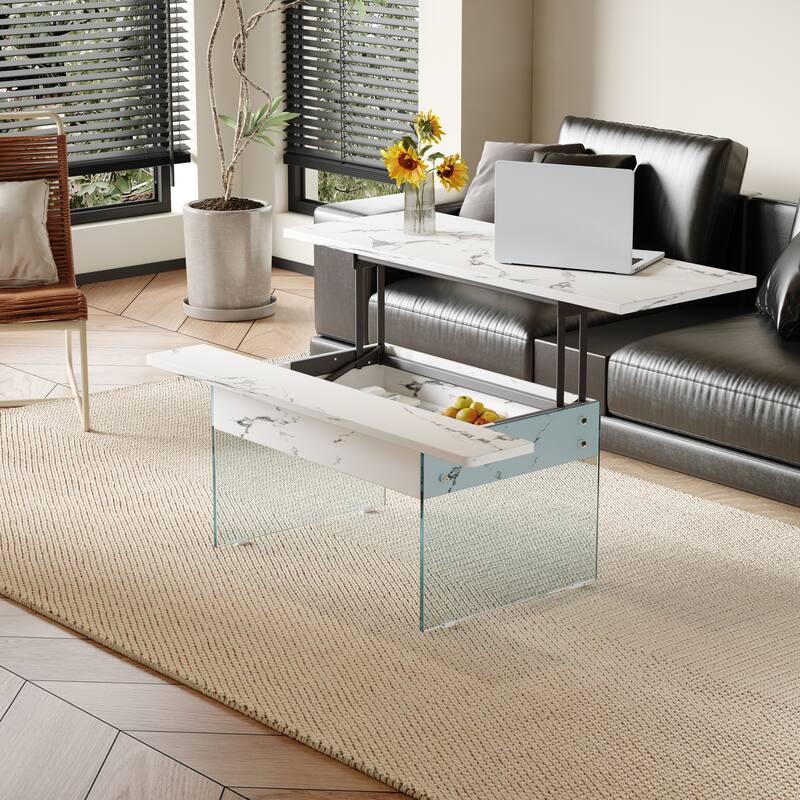 Multifunctional Lift-Top Coffee Table - Light Wood Finish, Tempered Glass Legs. Ideal for Modern Living Rooms and Offices.