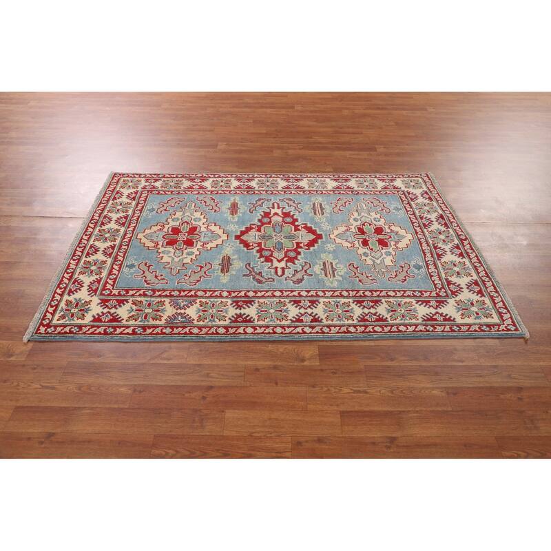 Light Blue Traditional Kazak Oriental Area Rug Handmade Wool Carpet - 3'10" x 5'11"