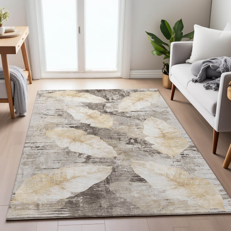 Machine Washable Indoor/Outdoor Modern Leaf Chantille Rug