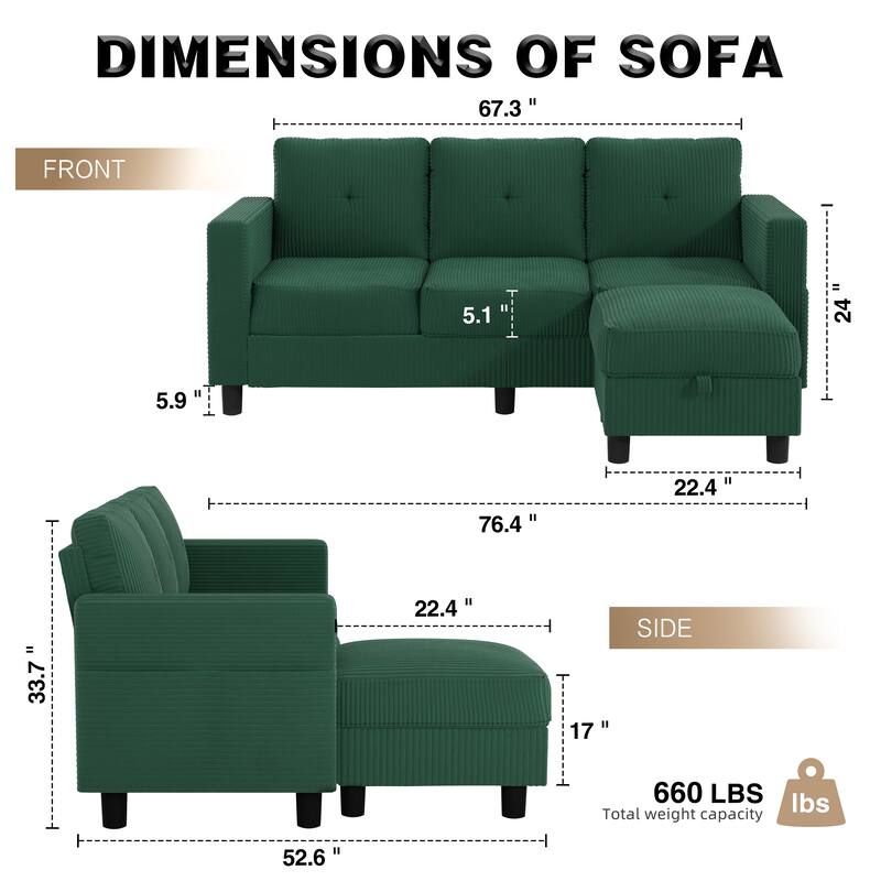 76'' Modern L-Shaped Sofa Couch with Movable Ottoman & Storage