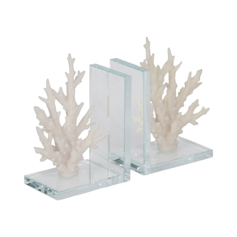 Decorative Costal Coral Accent on Glass Base Bookends - 7", White - 7.25"
