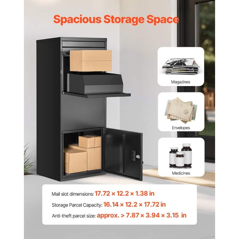 Black Galvanized Steel Parcel Delivery Box with Anti-Theft Plate and Weatherproof Design - 19.7 x 14.2 x 47.2 in