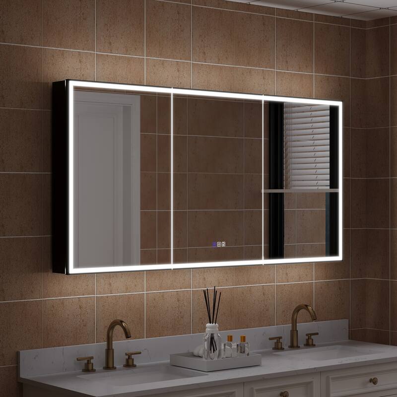 30'' H Recessed Or Surface Wall Mounted LED Mirror Cabinet With Mirror And Adjustable Shelves,Black Frame