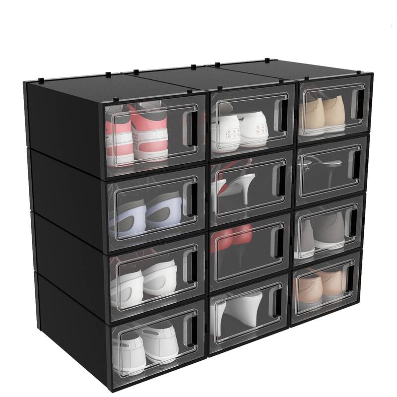 6/12/18 Pack Shoe Storage Box Plastic Stackable Shoe Organizer for Closet Foldable Sneaker Containers Bins Holders Racks