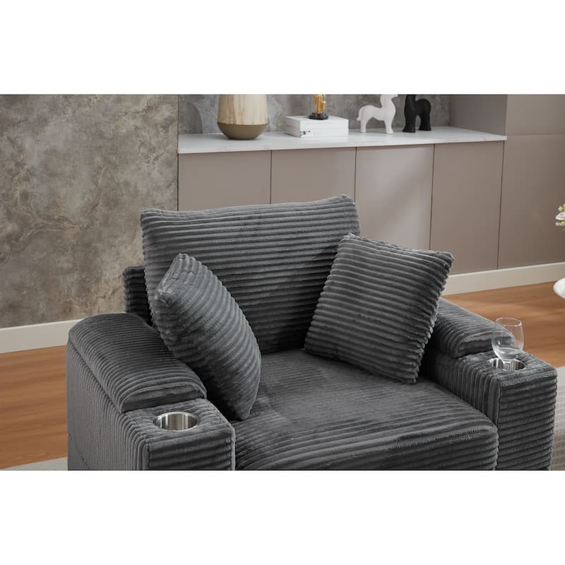Corduroy Upholstered Chaise Lounge Sofa With Handrail Storage,Movable Ottoman,Cupholders,Detachable Cushions Deep Seat