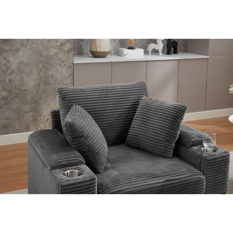 Corduroy Upholstered Chaise Lounge with Movable Ottoman, Living Room Storage Sofa Chair with Cup Holder, Detachable Cushions
