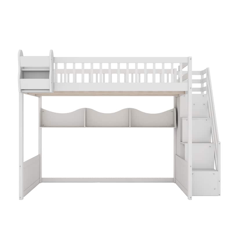 Queen Wooden Loft Bed with Storage Staircase Wardrobe, 2 Side Shelves, 3 Storage Shelves and Versatile Under-Bed Space