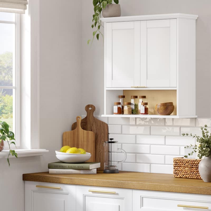 Two-Door Kitchen Wall Cabinet with Rattan Backboard - White