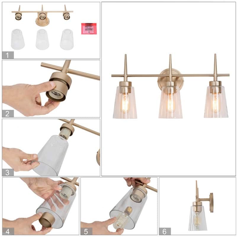 Mid-century Modern Glam 3-light Bathroom Vanity Lights Glam Gold Glass Wall Sconces - L20"x W6"x H 11.5"