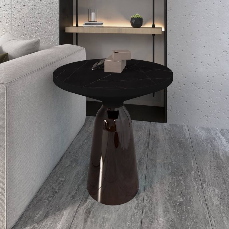 19-Inch Side Table Round Glass/Stone Tabletop End Table with Black Iron Rim and Glass Base