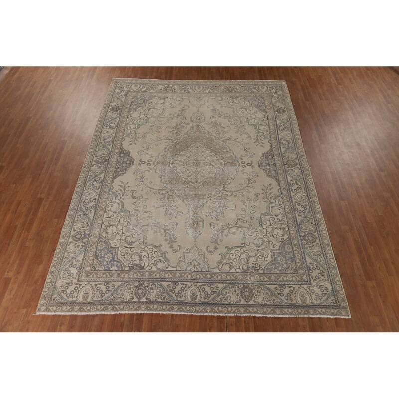 Distressed Tabriz Vintage Persian Rug Hand-Knotted Beige Wool Carpet - 9'6" x 12'8"