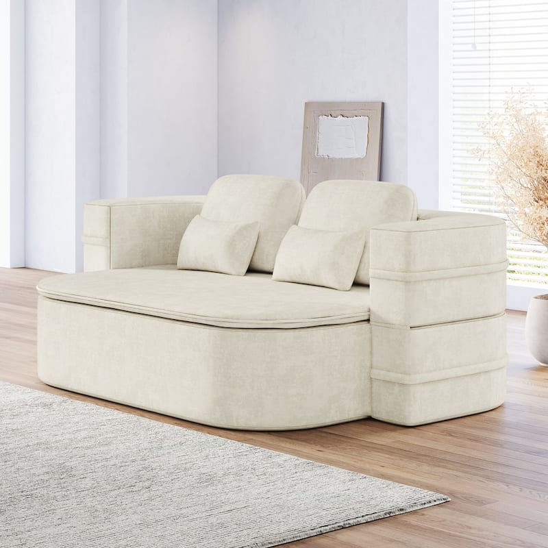 Folding Mattress Sofa with Fixed Shape Frame Convertible Sleeper Foam Sofa Bed with Blanket - Beige/Chenille