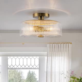 3-Light Modern Gold Dome Semi Flush Mount Lights with Ribbed Glass Shape - Brass