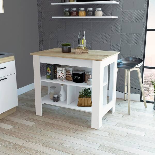 White Grey Walnut Kitchen Island w/ Open Storage Stand Dining Table