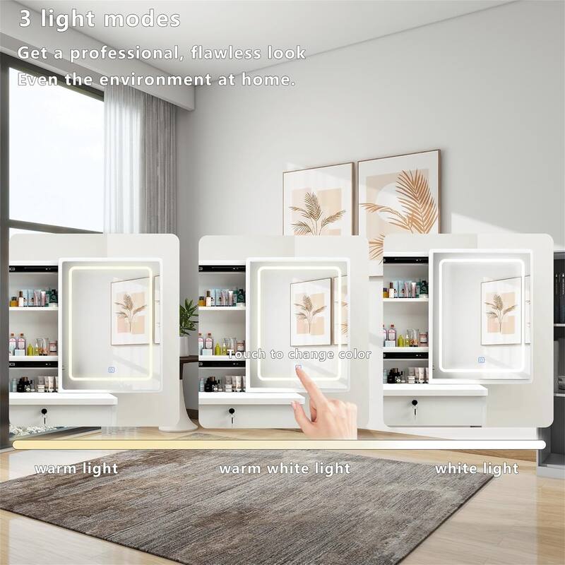 Vanity Desk with Sliding Mirror and Lights, Makeup Vanity Set with Stool, Power Outlet