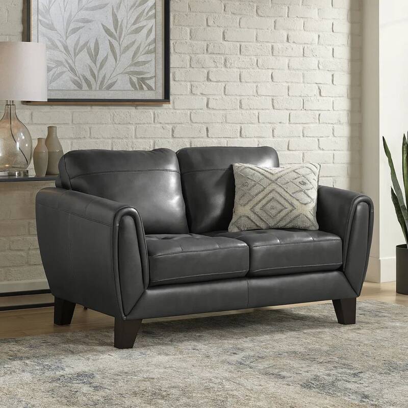 Sofy 61 Inch Loveseat, Dark Gray Top Grain and Faux Leather, Solid Wood