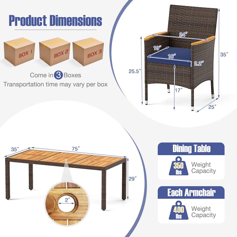Gymax 9 Pieces Patio PE Wicker Dining Set Outdoor Acacia Wood Table &