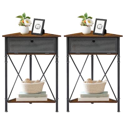Javlergo Set of 2 Corner Table with Drawer and Open Dtorage Space, Triangle Freestanding Floor Cabinet