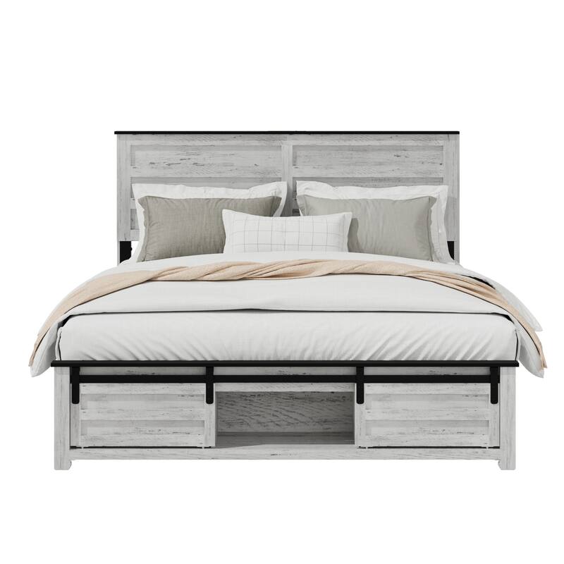 Full Bed Frame with Upholstered Headboard and Wood Platform, Storage Headboard with Charging Station and LED