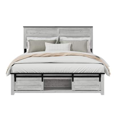 Full Size Metal Platform Bed with Upholstered Headboard and Charging Station, LED Lighting