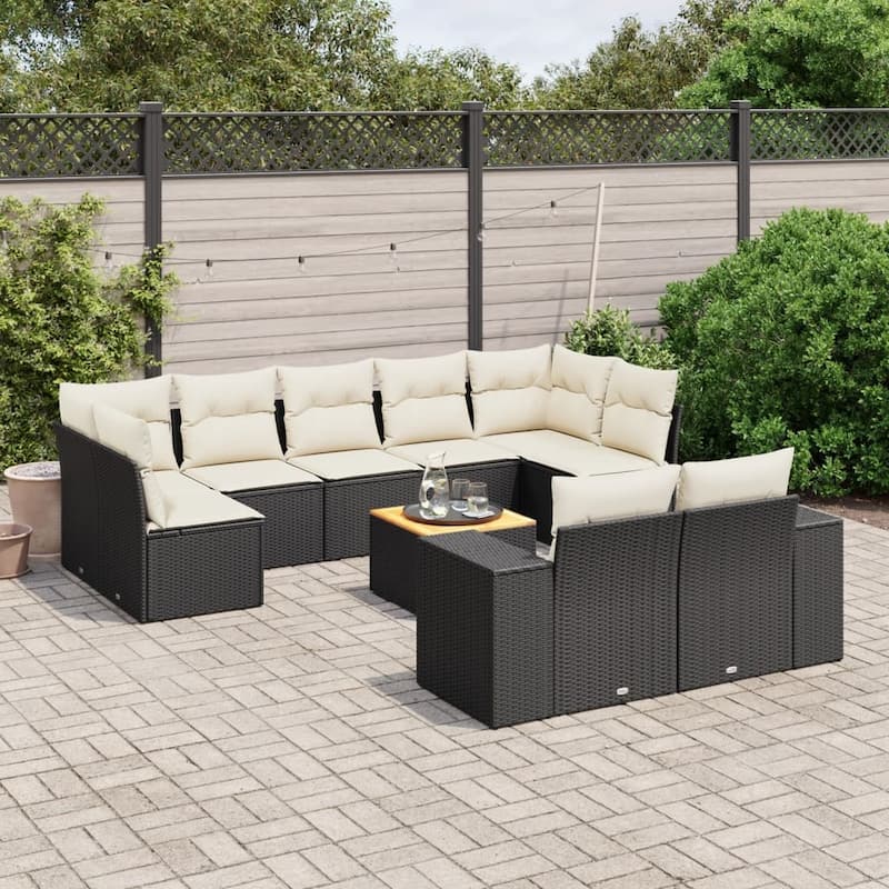 vidaXL Patio Sofa Set with Cushions Outdoor Furniture 10 Piece Poly Rattan - Black and cream - form2 - 24.4 x 32.7 x 27.2 in