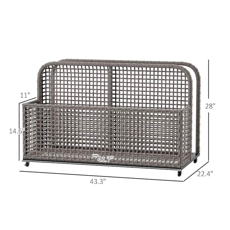 Light Grey Rattan Mobile Two-Section Storage Basket with Steel Frame for Indoor or Outdoor - 43.25" L x 22.5" W x 28" H