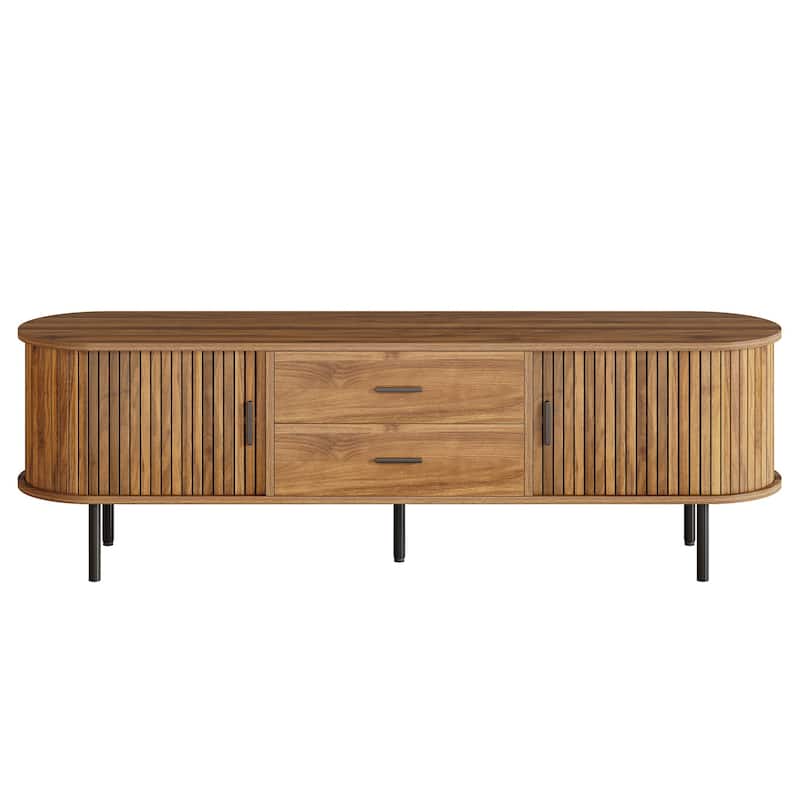 70.87" Walnut Mid-Century Modern Fluted TV Stand with Tambour Sliding Doors for Living Room