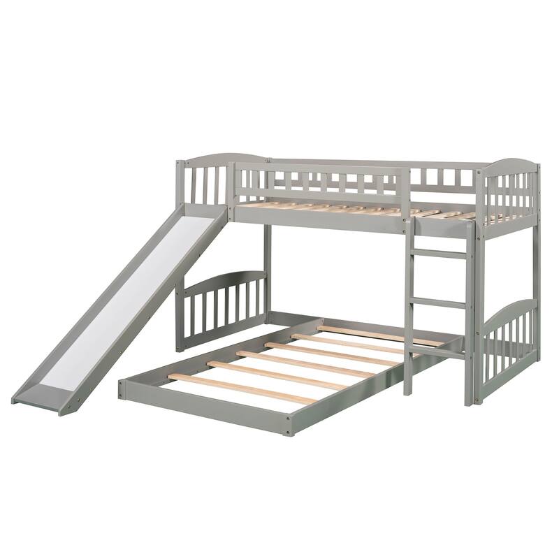 Twin Over Twin Bunk Bed Frame with Slide & Ladder, Solid Wood Low Bunkbeds w/Safety Guardrails, Noise Free, No Box Spring Needed