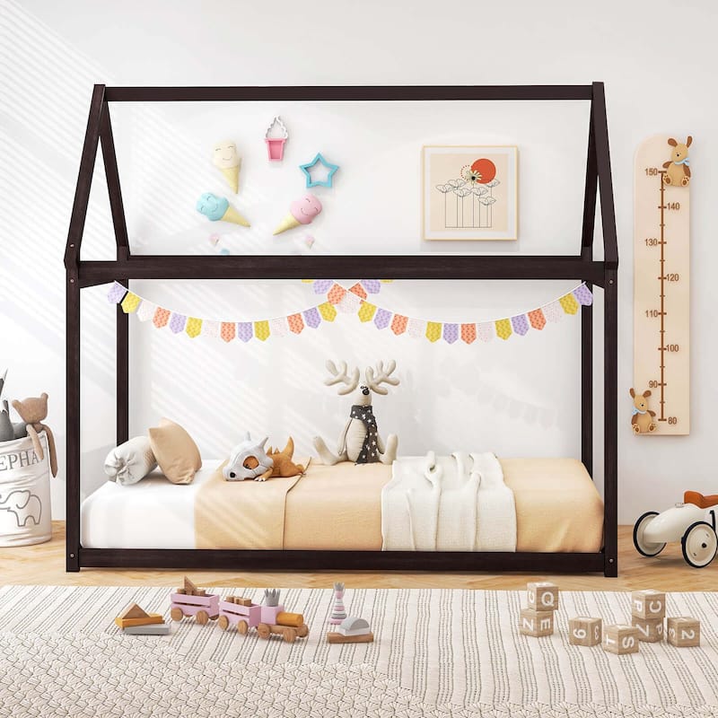 Costway Twin House Bed Wood Frame w/ Roof for Kids Toddler No Box