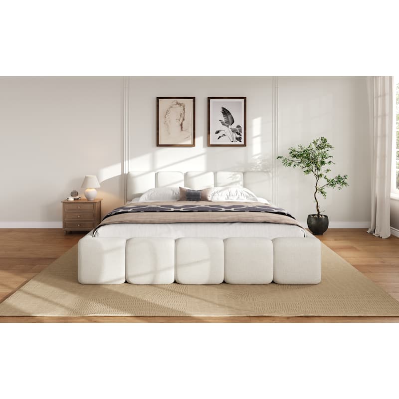 Embedded Platform Bed with Square Plush Upholstery Headboard White