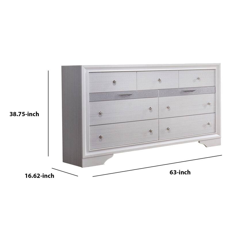 Wooden Dresser with 7 Drawers and 2 Jewelry Drawer, White and Silver