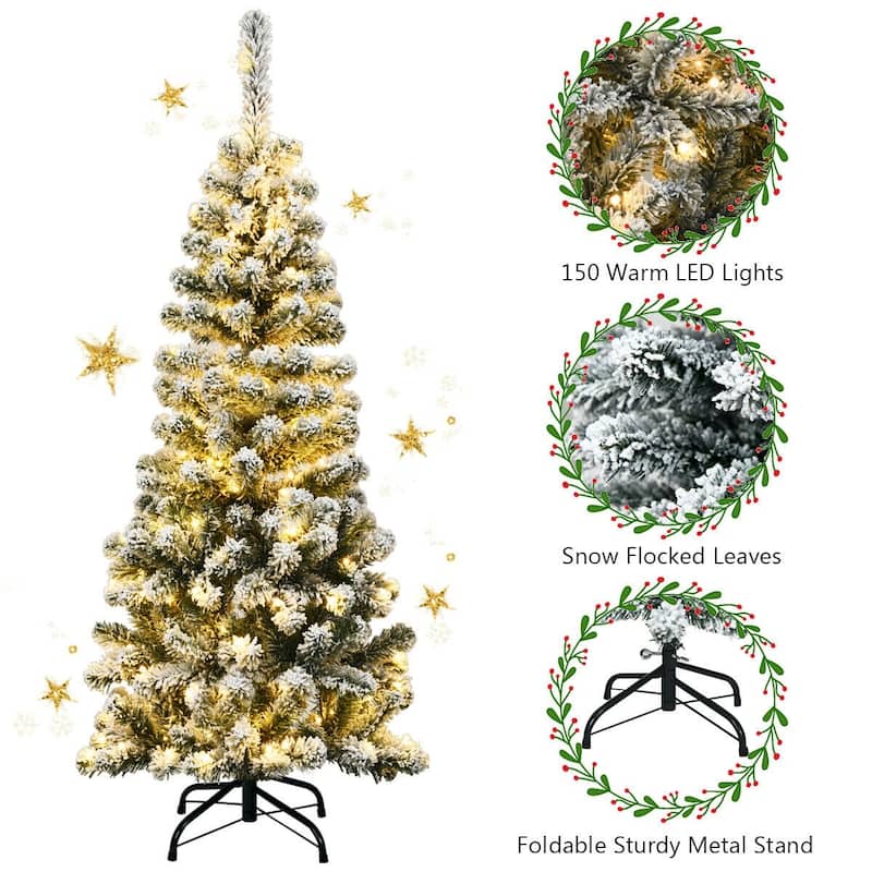 4.5 Feet Slim Prelit Snow Flocked Pencil Christmas Tree with 150 LED Lights and Metal Stand - 1.8' x 1.8' x 4.5'