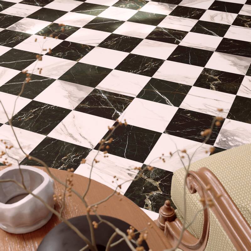 Merola Tile Reve Checker Noir with Rose 11-3/4" x 11-3/4" Porcelain Floor and Wall Tile