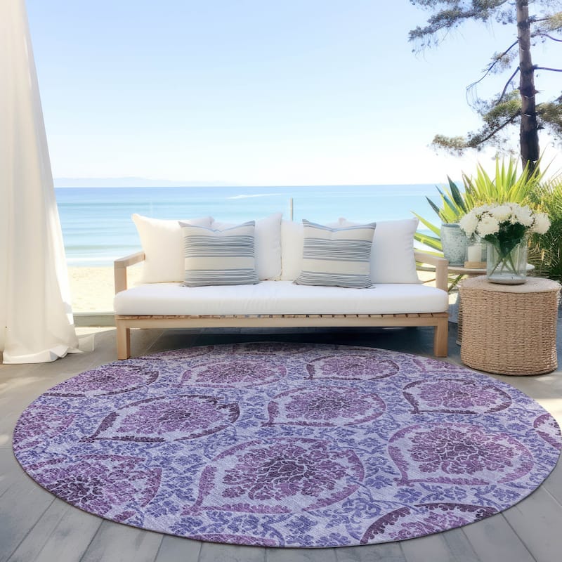 Machine Washable Indoor/ Outdoor Chantille Traditional Damask Rug - Eggplant - 8' x 8'
