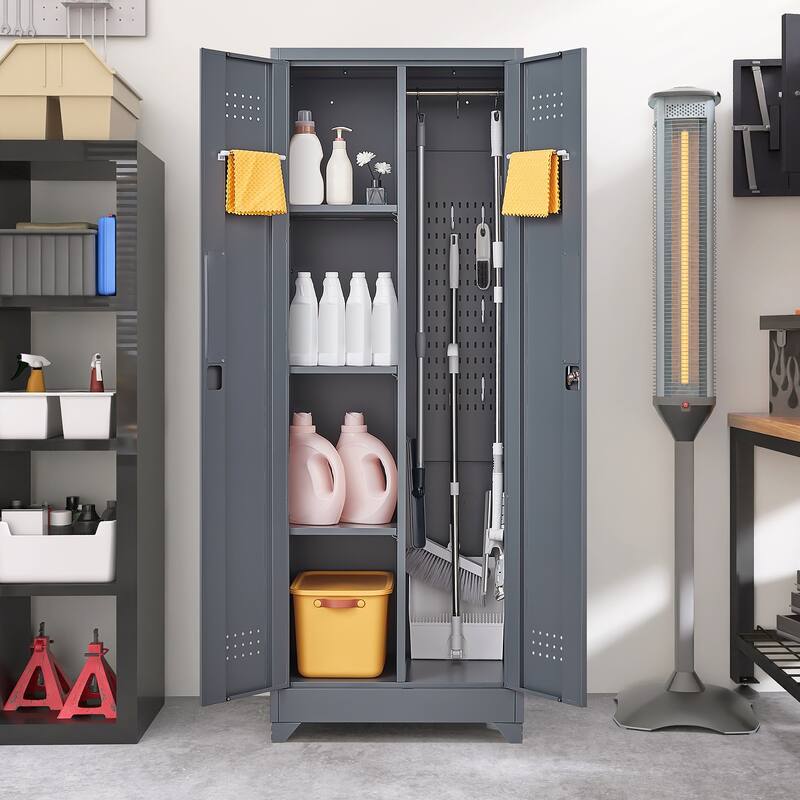 Cleaning Tool Storage Cabinet With Locking Doors And Shelves, Hanging Rod & S-Hooks - Grey