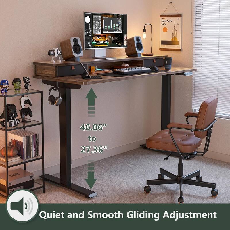 FEZIBO Height Adjustable Electric Standing Desk with Double Drawer, Stand Up Desk with Storage Shelf, Sit Stand Desk