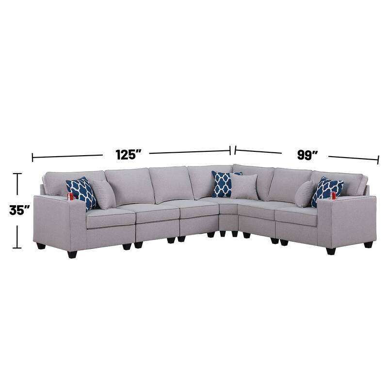 6 Piece Linen Upholstered L-Shape Sectional Sofa in Light Gray