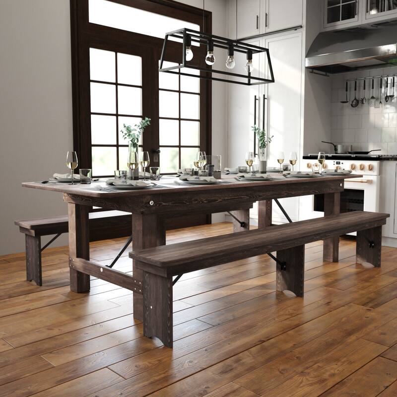 Rustic Farm Solid Pine Folding Dining Table - 108"D x 40"W x 30"H - Mahogany