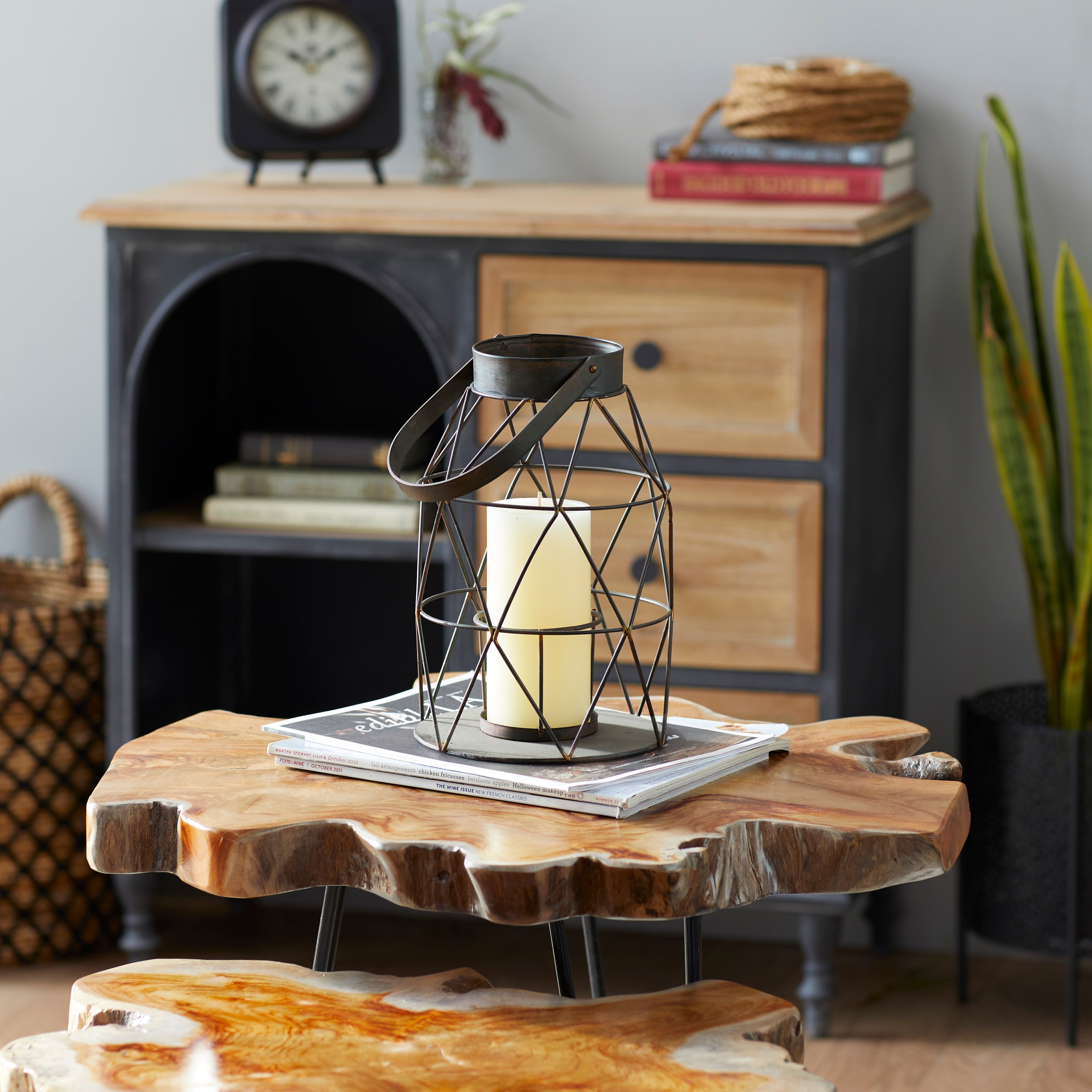 Black Metal and Glass Geometric Candle Lantern with Arched Handle, 7L" x 15H" - 7 x 7 x 15