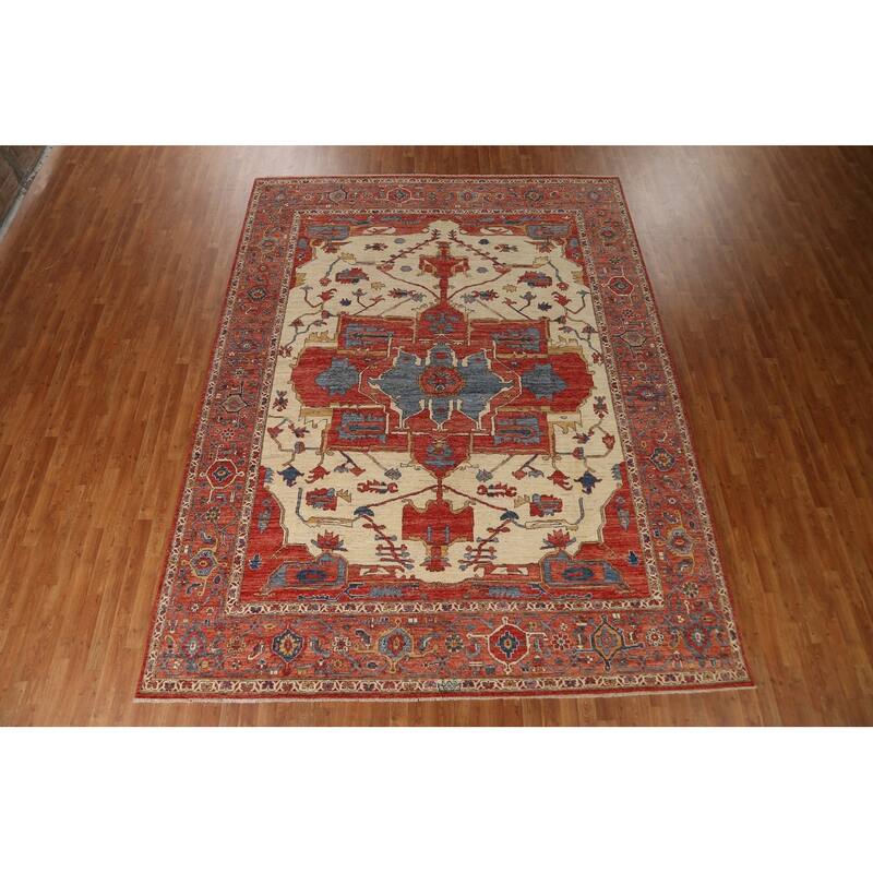 Hand Knotted Oriental 100% Wool Carpet Traditional Medallion Beige & Ivories Heriz (serapi) Area Rug - 11' 10'' X 9' 2''