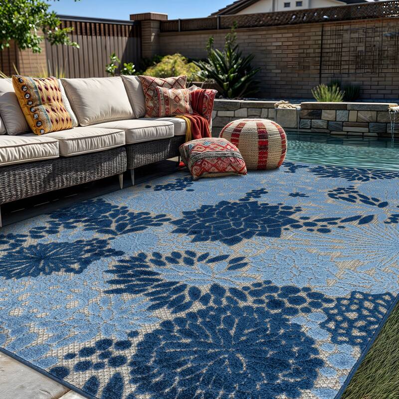 World Rug Gallery Indoor/Outdoor High-Low Textured Area Rug, Floral, Easy-Clean Patio Rug - Blue - 5' x 7'