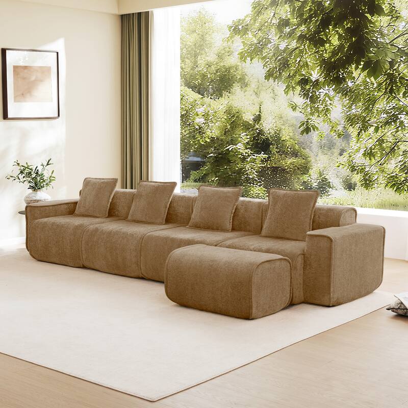 GDFStudio - Velvet Streamlined Modular 4-Seater 138.58" L-Shaped Sectional Sofa with Ottoman