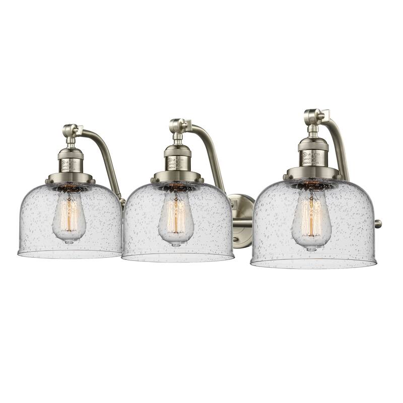 Innovations Lighting Large Bell 3 Light 28" Wide Bathroom Vanity Light - Satin Brushed Nickel / Seedy